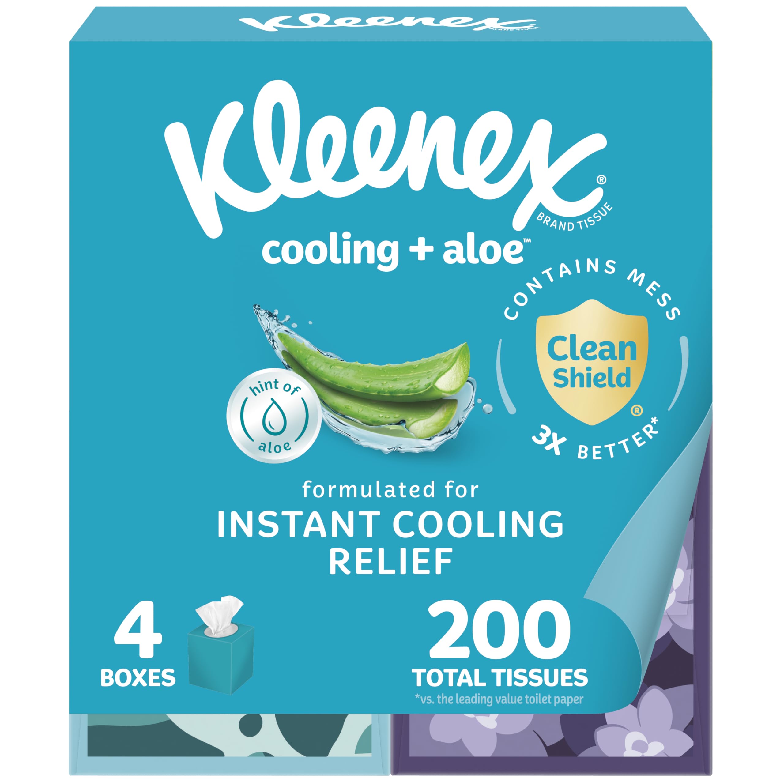 Kleenex Cooling + Aloe Facial Tissues, 4 Cube Boxes, 50 Tissues Per Box, 2-Ply
