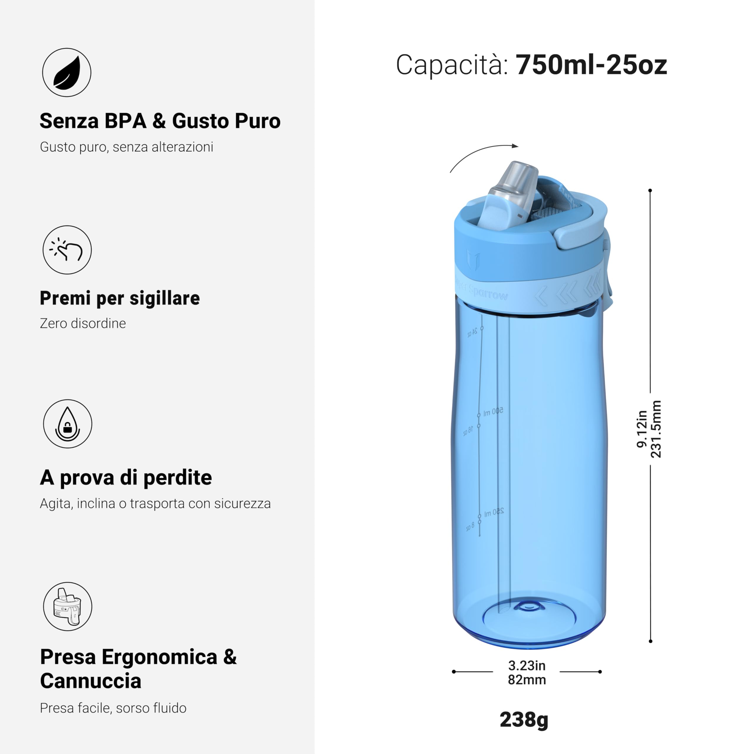 Sparrow Borraccia - 500ml, 750ml, 1L - TouchFlow Bottiglia Senza BPA - Senza Perdite Borraccia Cannuccia - Borracce Sportiva Flusso Rapido Con Un Clic per Scuola, All'aperto