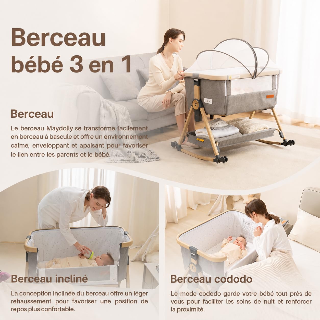 Maydolly Lit d'appoint 3 en1 Berceau avec Matelas Hauteur Réglable Inclinable Gris