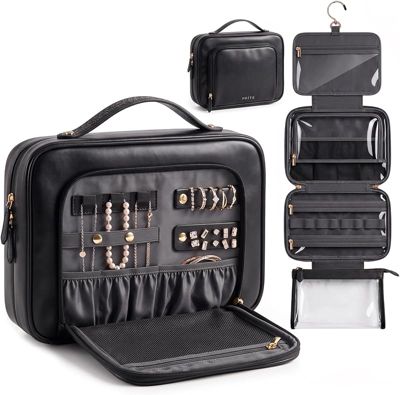 Necessaire de viagem suspensa Prite com compartimentos e estojo transparente removível, preta, 1 unidade