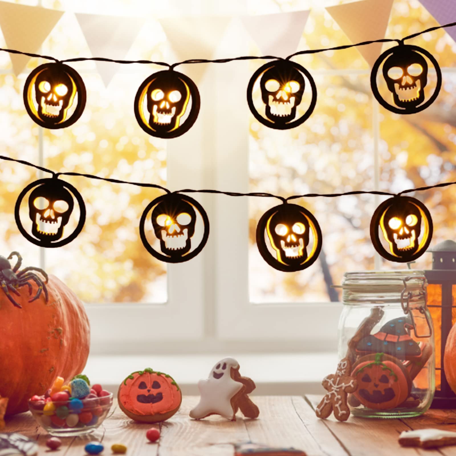 Qillnyy Catena luminosa decorativa per Halloween, 4 m, 20 LED, arancione, zucca, colore nero, IP65, impermeabile, per Halloween, feste, camere, giardino