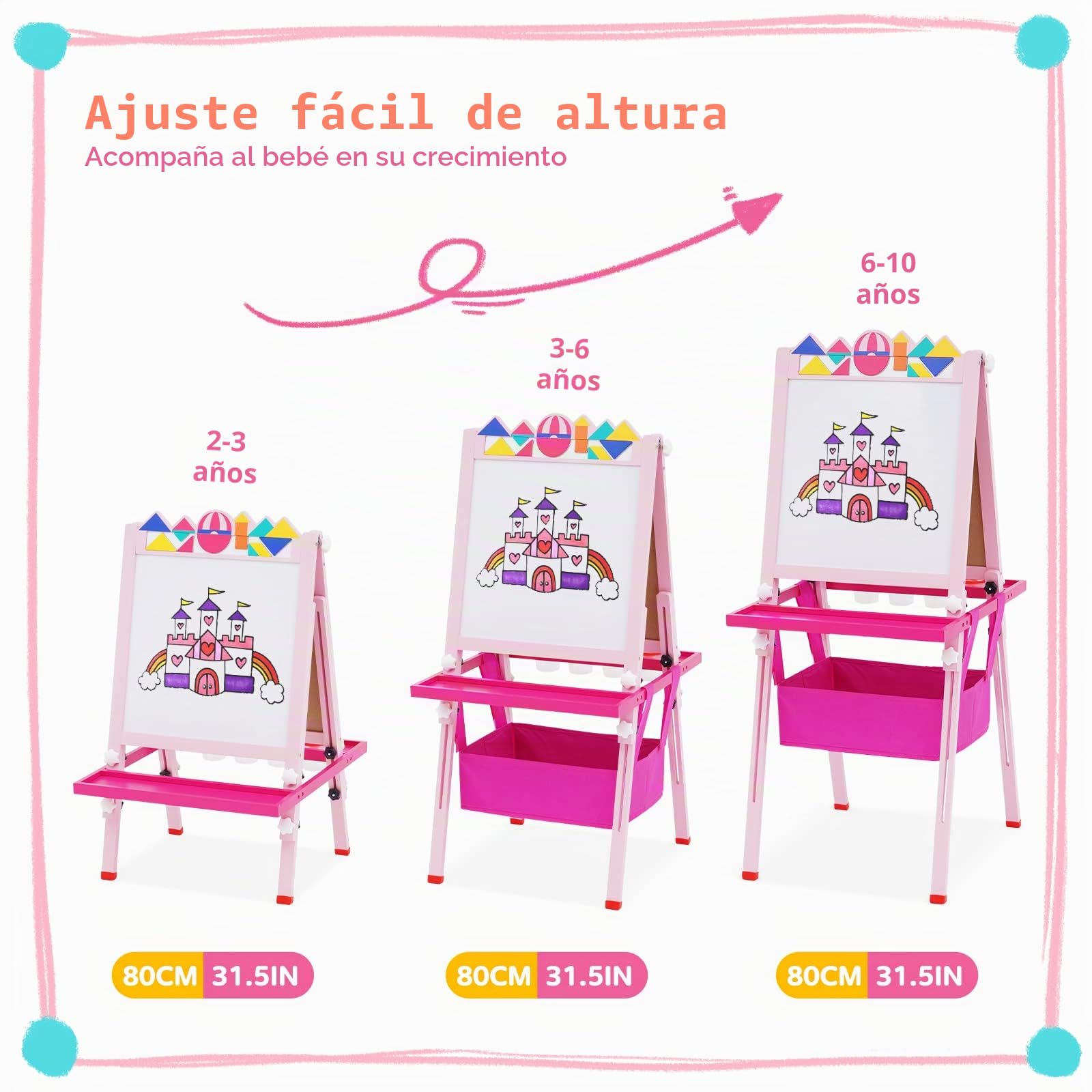 Pizarra Infantil Caballete, Altura Ajustable, Pizarra Blanca y Pizarra de Tiza de Doble Cara con Rollo de Papel, Juego de Arte de Madera de Pie para Niños, Regalo para Niños y Niñas (Rosa)