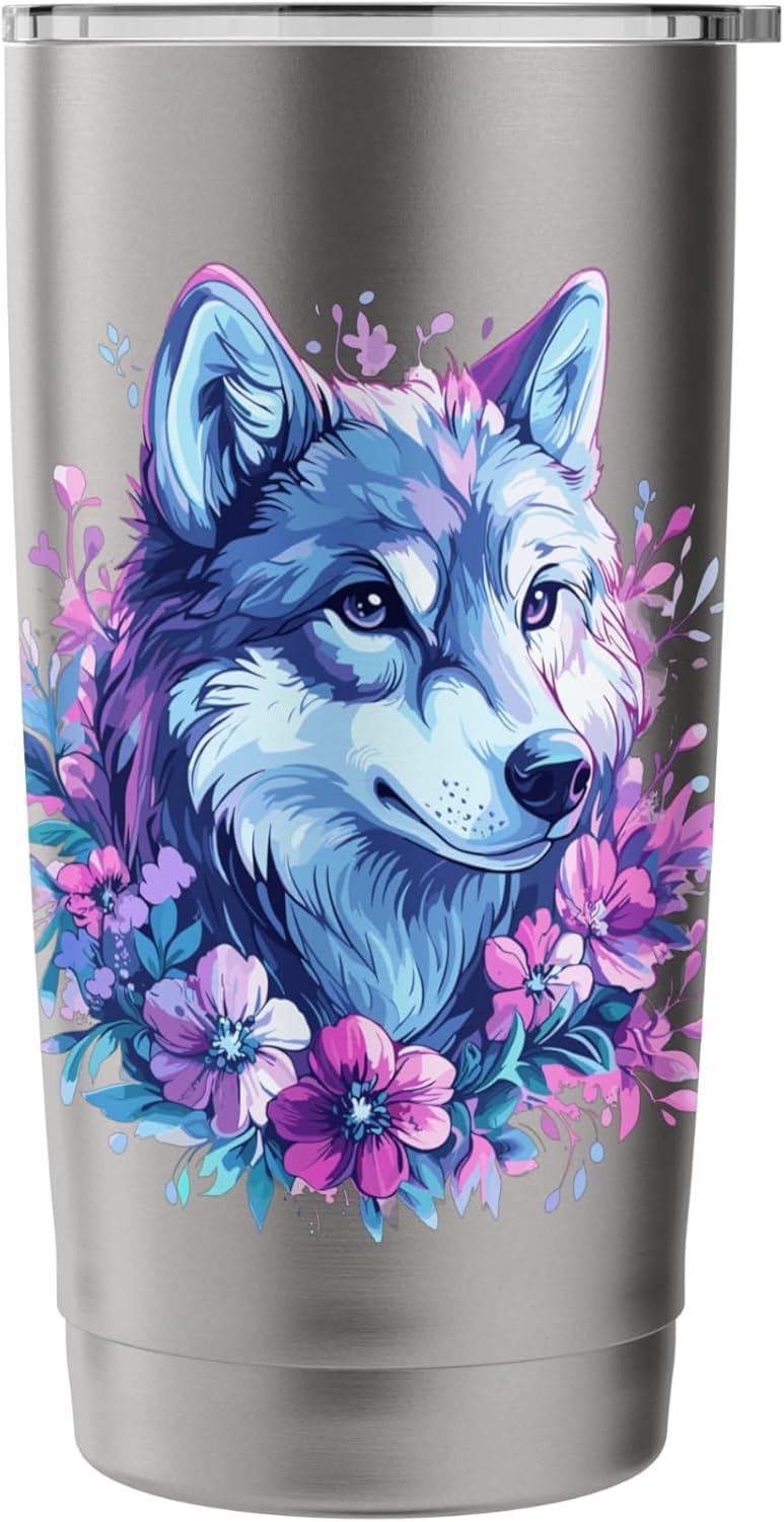 Wolf With Flowers Floral Wolf Nature Bloom Aesthetic Stainless Steel Insulated Tumbler - Image 3