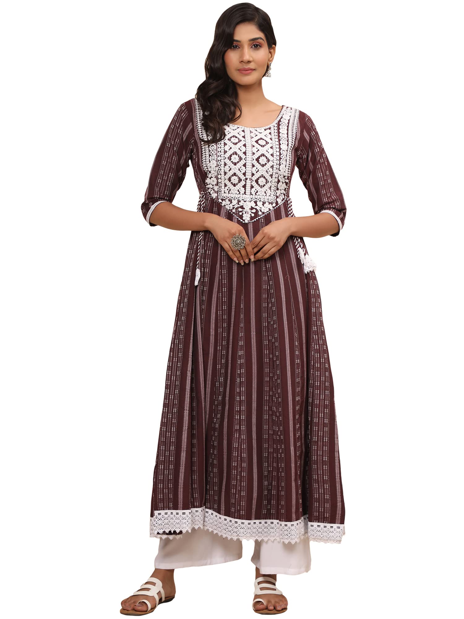 Vbuyz Women's Cotton Blend Print & Embroidered Anarkali Stitched Kurta