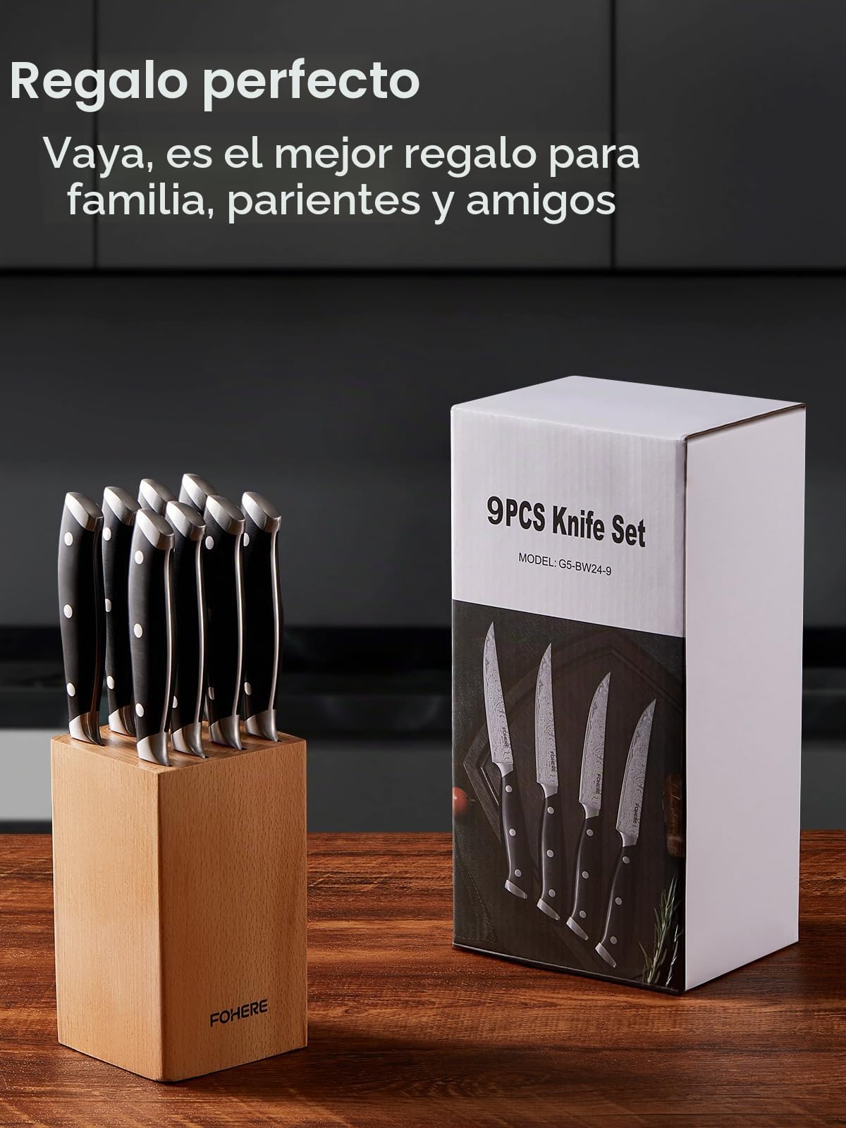 FOHERE Cuchillos para Carne con Bloque de Cuchillos, Juego de 8 Cuchillos para Carne de Acero Inoxidable con Hoja Recta Extra Afilada, Patrón de Damasco, Diseño de Mango Ergonómico de Espiga Completa