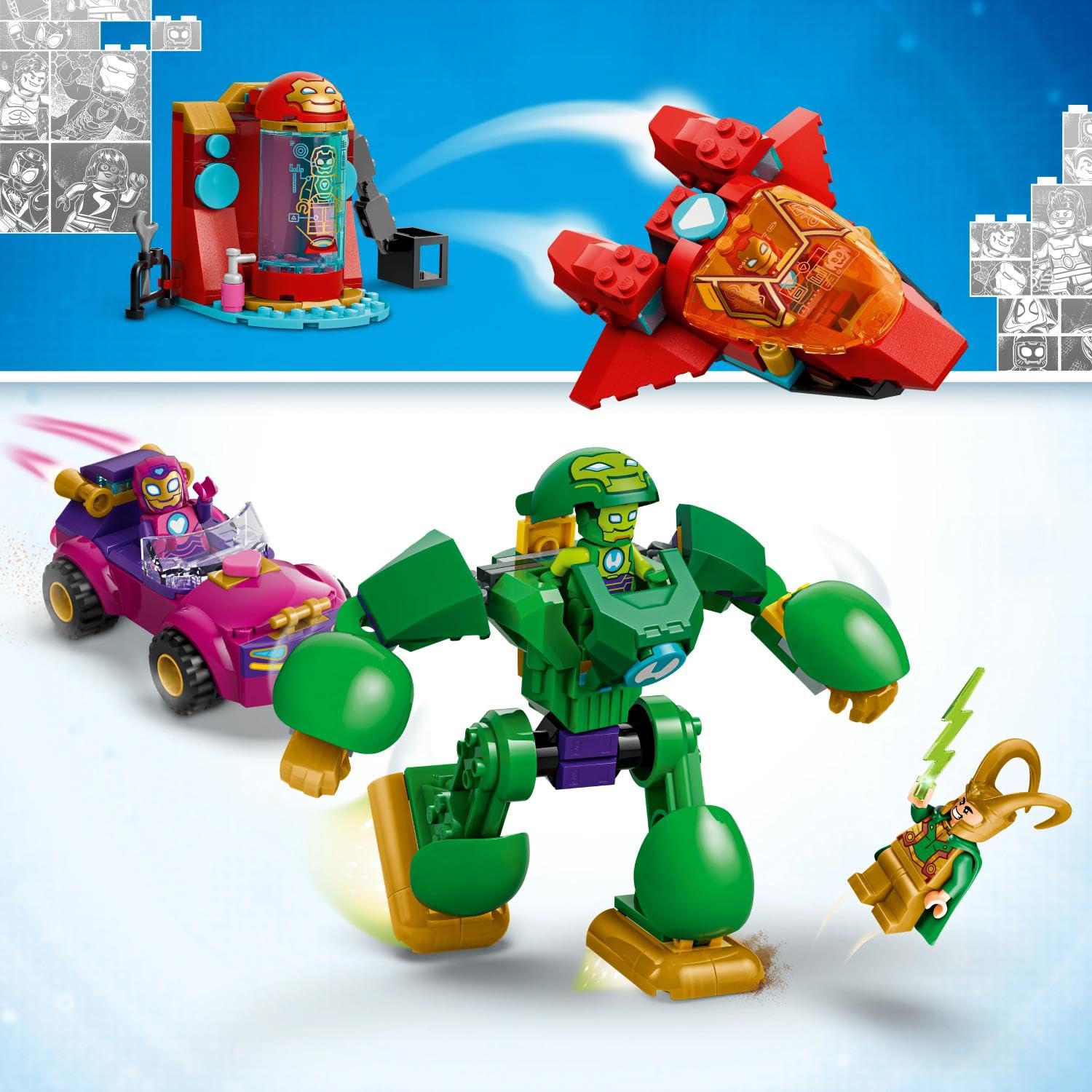 LEGO | Marvel Loki vs. Team Iron Man - Giocattolo da Supereroi con Auto, Aereo, Action Figure Mech e 4 Minifigure - Regalo Bambini da 4 Anni Fan dello Show Iron Man e i Suoi Fantastici Amici - 11211