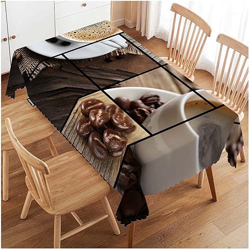 Swono Mantel de café con collage, tazas de café negras en grano sobre mesa de madera, mantel para cocina, comedor, decoración de mesa, fiestas,