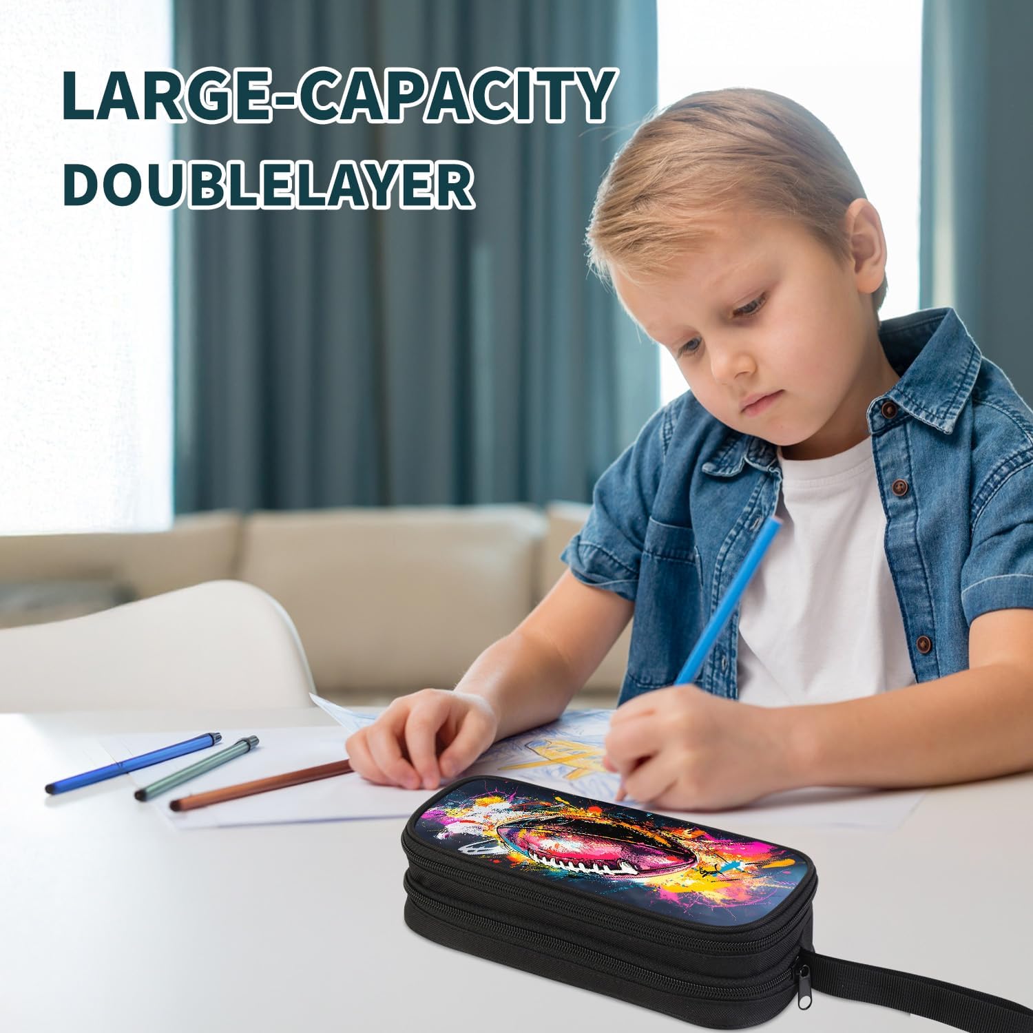 American Football Pencil Case for Sports Boys,Large Capacity Pencil Pouch with Zipper Compartments,Durable Soft Material Organizer for School Office Business