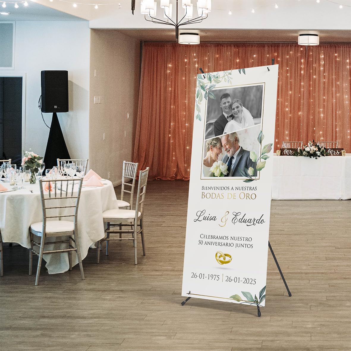 Photocall Bodas de Oro Personalizable con Fotos y Texto - Cartel Personalizado con Estructura Xbanner - Ideal para Decoracion del 50 Aniversario de Bodas de Oro o Regalo Aniversario (Modelo 1)