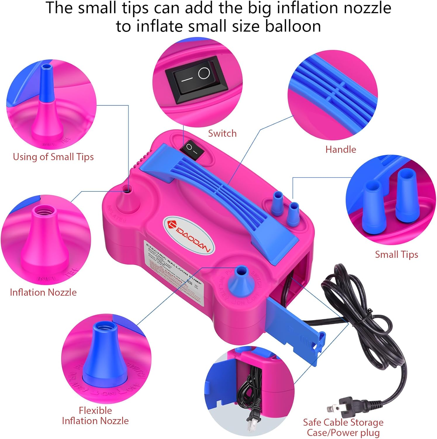 IDAODAN Electric Balloon Pump, Portable Electric Balloon Blower Machine Balloon Air Pump Dual Nozzle Rose Red 110V 600W Balloon Inflator for Party Decorations