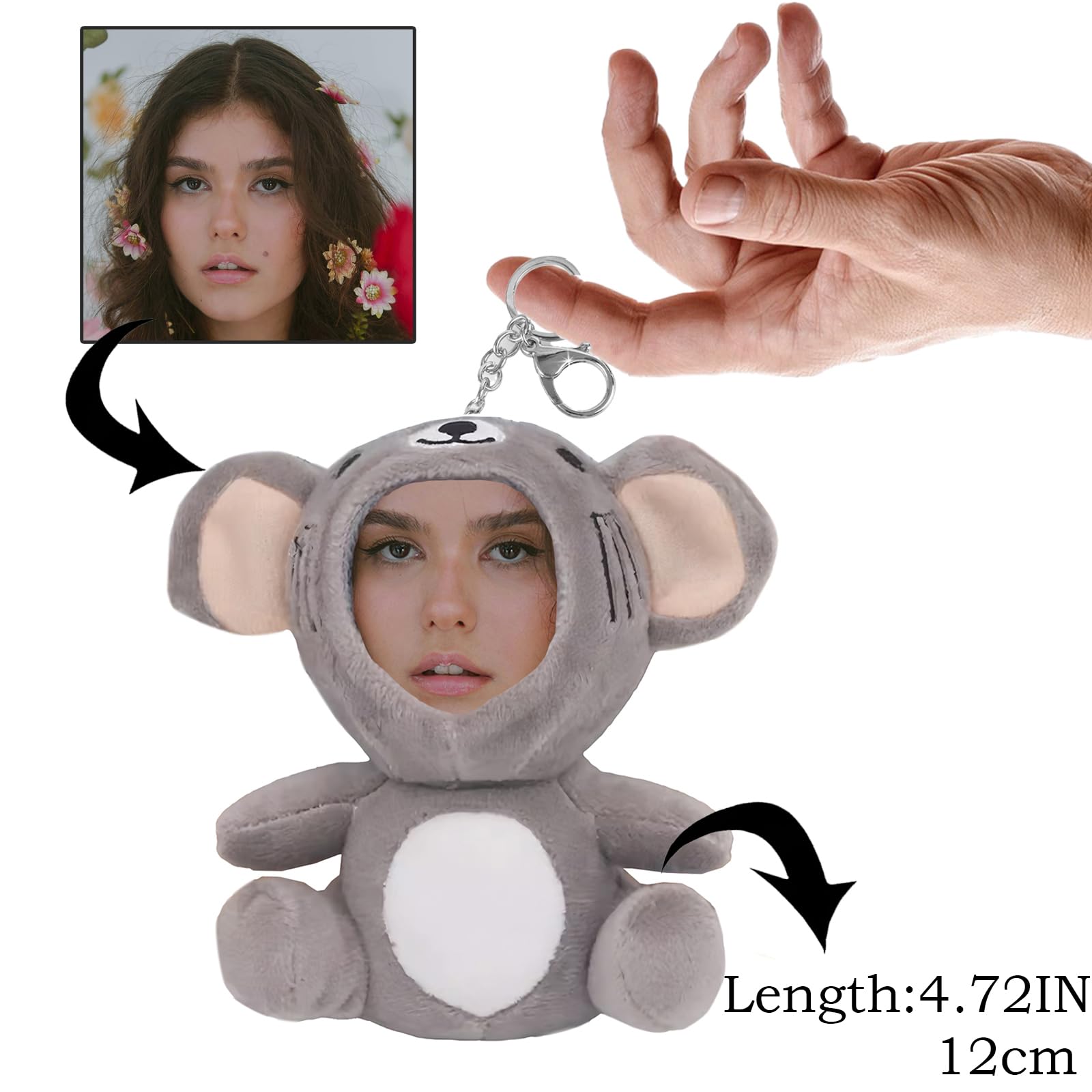 Personalized Mouse Stuffed Animal Key Chain – Customizable Rat Plush Toy, Gift with Your Face Photo,5 inches
