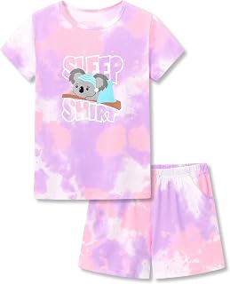 Tebbis Girls Tie Dye Short Sleeve Pajamas Cotton Loungewear Size 4T-18 | Premium Cotton 2-Piece Crewneck PJs With Elastic Waist,Cute Print For Little & Big Girls,Comfy for Lounging & Sleeping