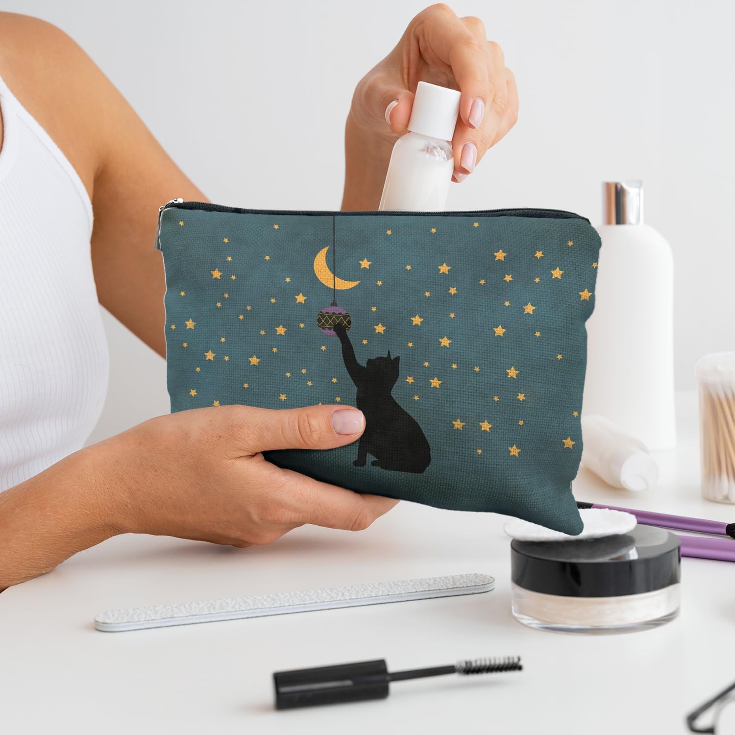 Cat Lover Gifts: Makeup Bag & Cosmetic Case for Women & Girls (Green Black Cat) - Image 2