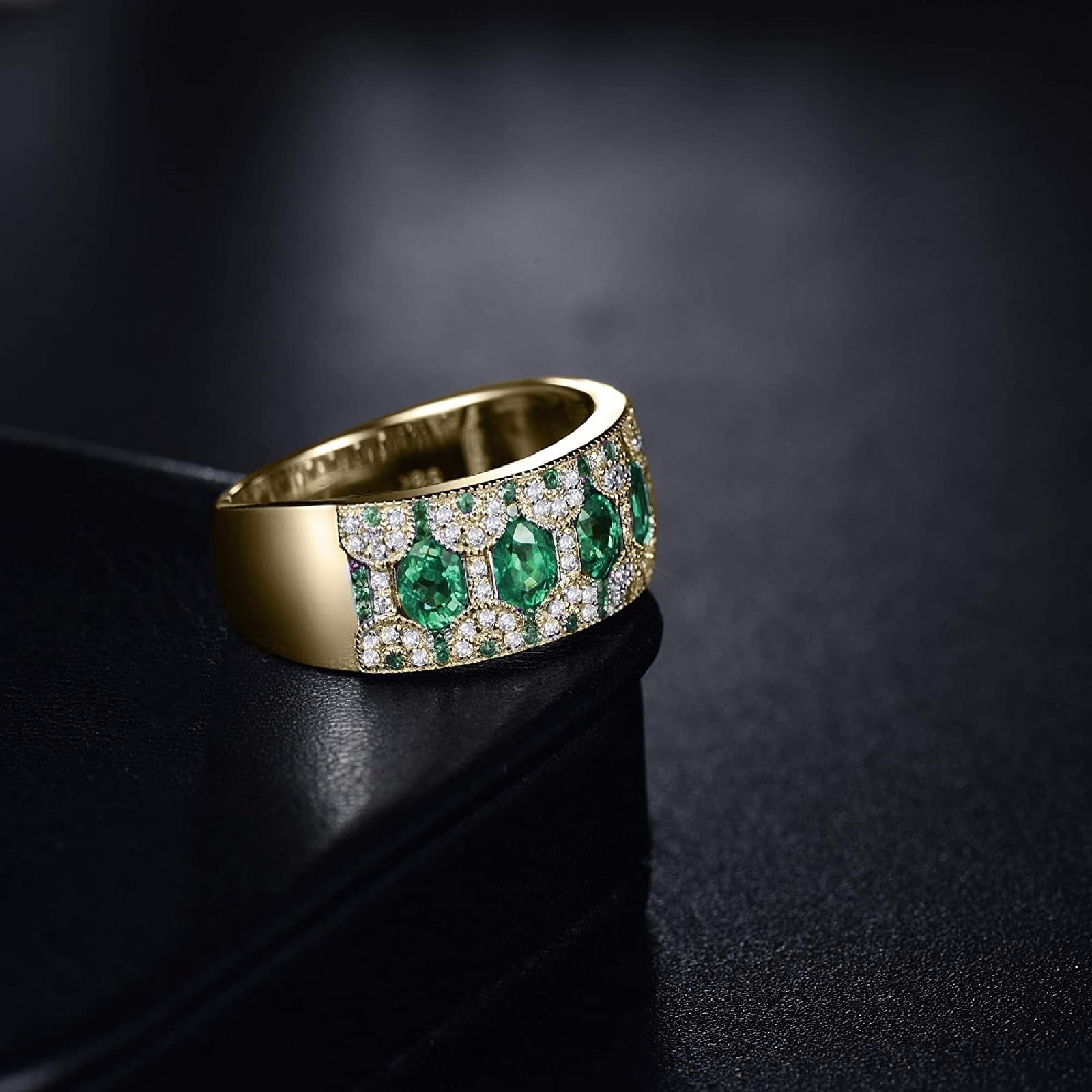 Ringe Damen Elegant, Verlobungsring Damen 63 14K Gelbgold Tansanit Diamant Bandring mit 1,58 Smaragd für Geburtstag Schmuck