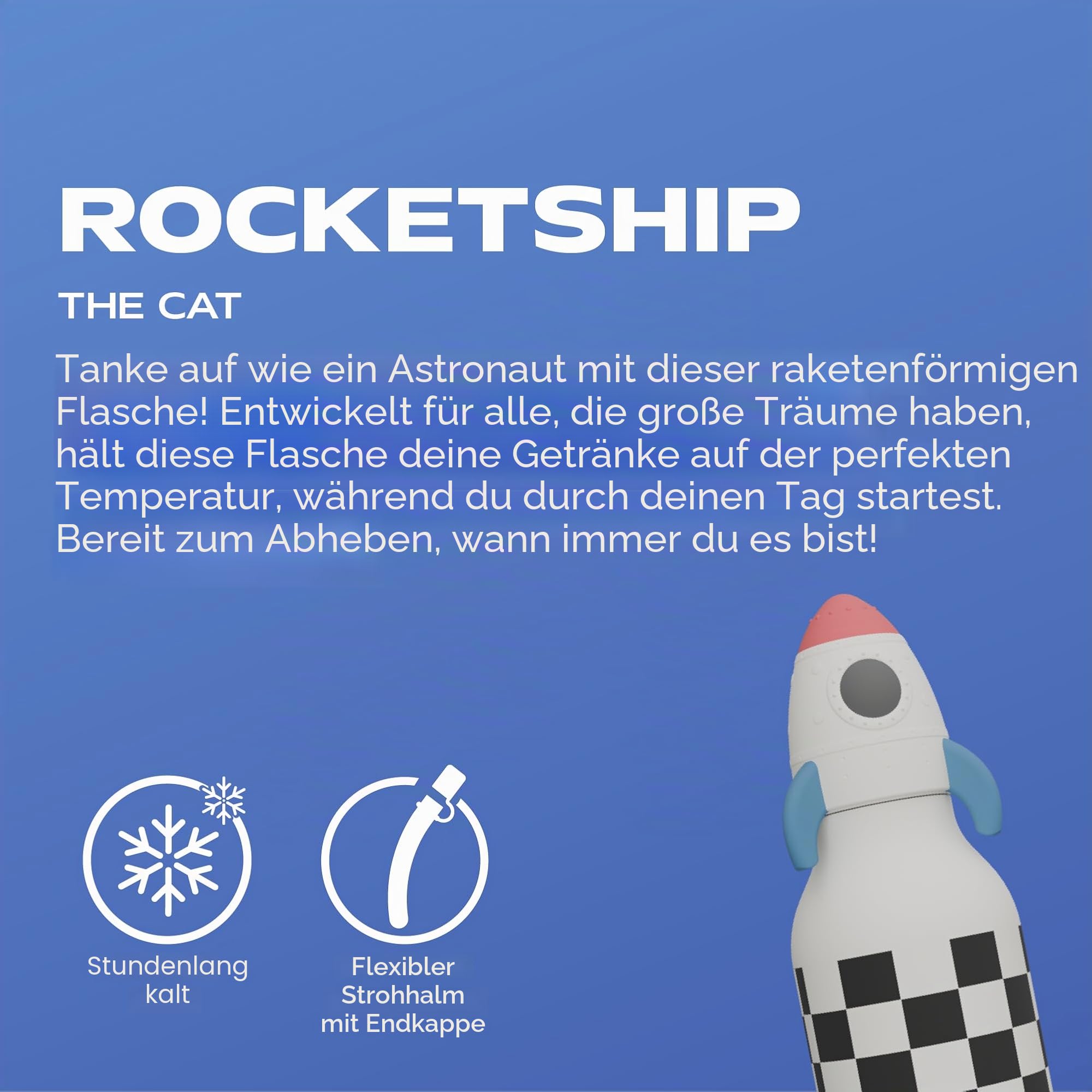 Asobu Bestie Kindertrinkflasche mit Strohhalm – Isolierte Edelstahlflasche 420ml mit Raketen-Kopf – Auslaufsicher & BPA-frei