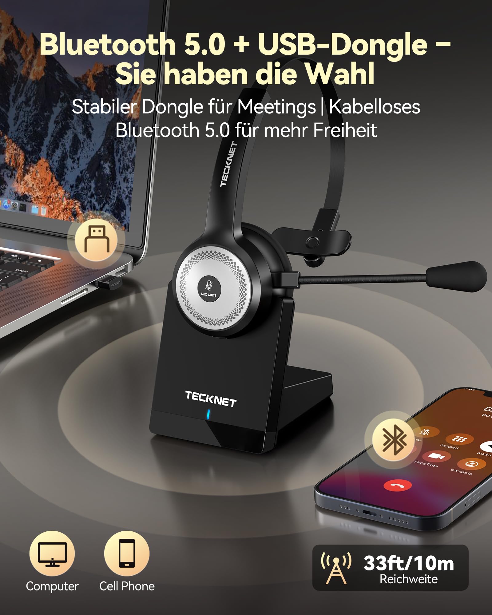 TECKNET Bluetooth PC Headset mit Mikrofon & USB Dongle [45 Std Anrufzeit & 10M Reichweite] kabelloses Headset mit Ladestation, Wireless Headset mit AI Rauschunterdrückung für Business,Büro,HomeOffice
