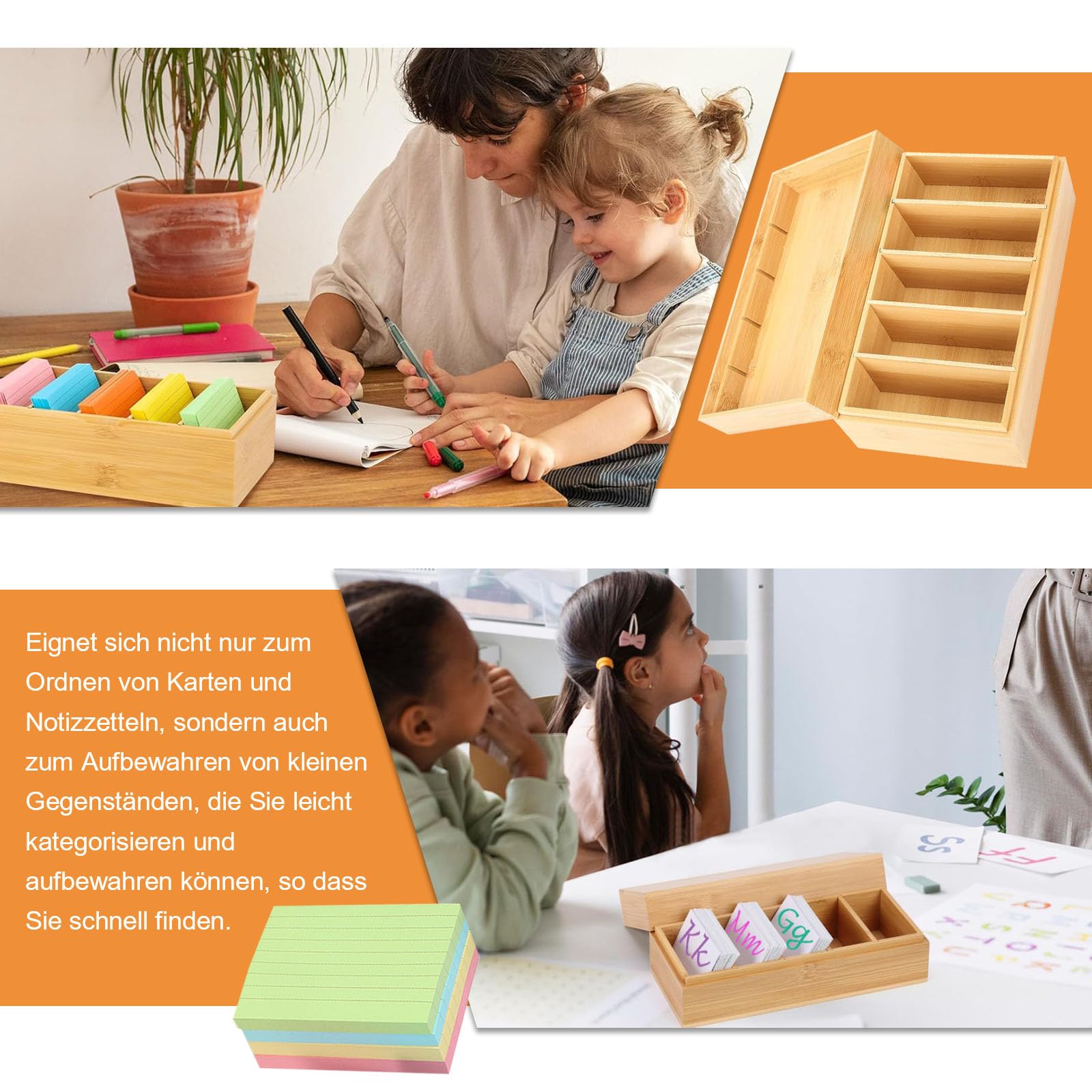 A7 Karteikarten Box Holz, 22x12,6x9cm Holzkarten Vokabelbox mit Deckel, Holzbox Card Storage Box mit 4 Herausnehmbar Trennwänden und 400 Stück Haftnotizen, Lernkarteibox Holz(Inklusive Index Cards)