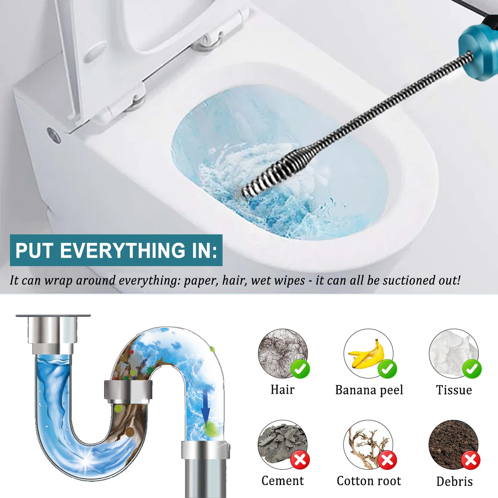 Nettoyeur de canalisations compatible avec batterie Makita 18 V, diamètre 9 mm, 7 m, spirale de nettoyage pour canalisations de Ø 16 à 85 mm, nettoyeur de canalisations électrique pour toilettes