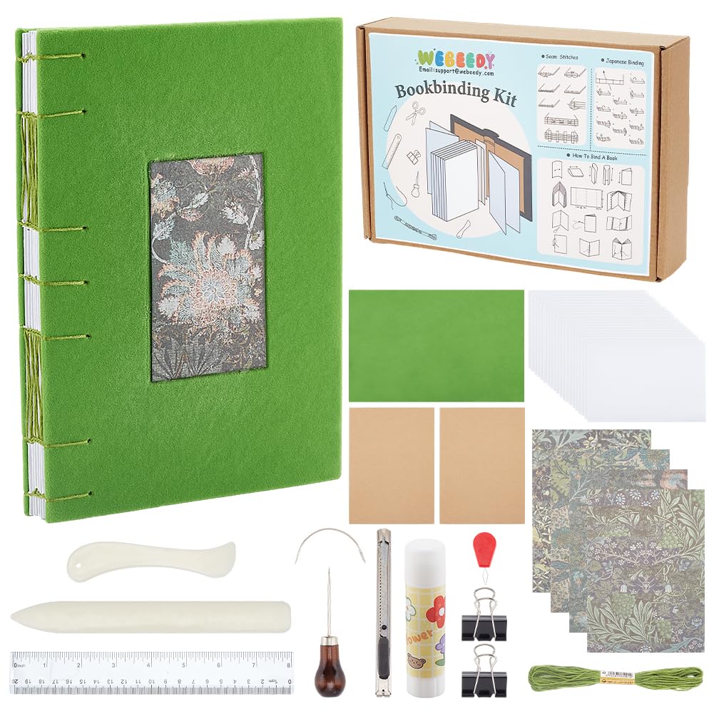 WEBEEDY Koptischer Stich Buchbindeset Grün Buchbinderei Starter Kit DIY Schreiben Journal Set Buchbinderei Zubehör für Erwachsene Anfänger Arbeit Note Persönliche Tagebuch, 15X21cm(A5)