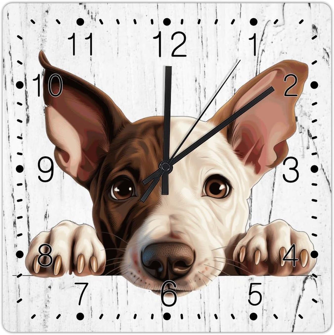Miniature Bull Terrier Wood Clock Miniature Bull Terrier Cute Funny Peeking Dog Puppy Clock for Wall Pet Lover's Gift Square Hanging Wall Clocks Non-Ticking Silent Wall Clock 12x12in