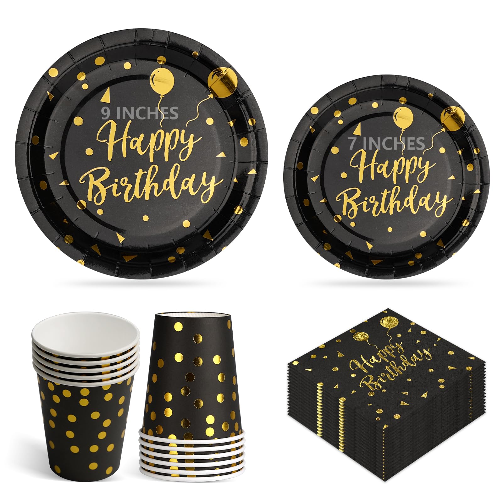 100Pcs Happy Birthday Party Plates Cups and Napkins, 9" and 7" Black Gold Disposable Paper Plates, Paper Dessert Cake Plate, Strong Party Tableware Set 25 Guests for Birthday Decorations