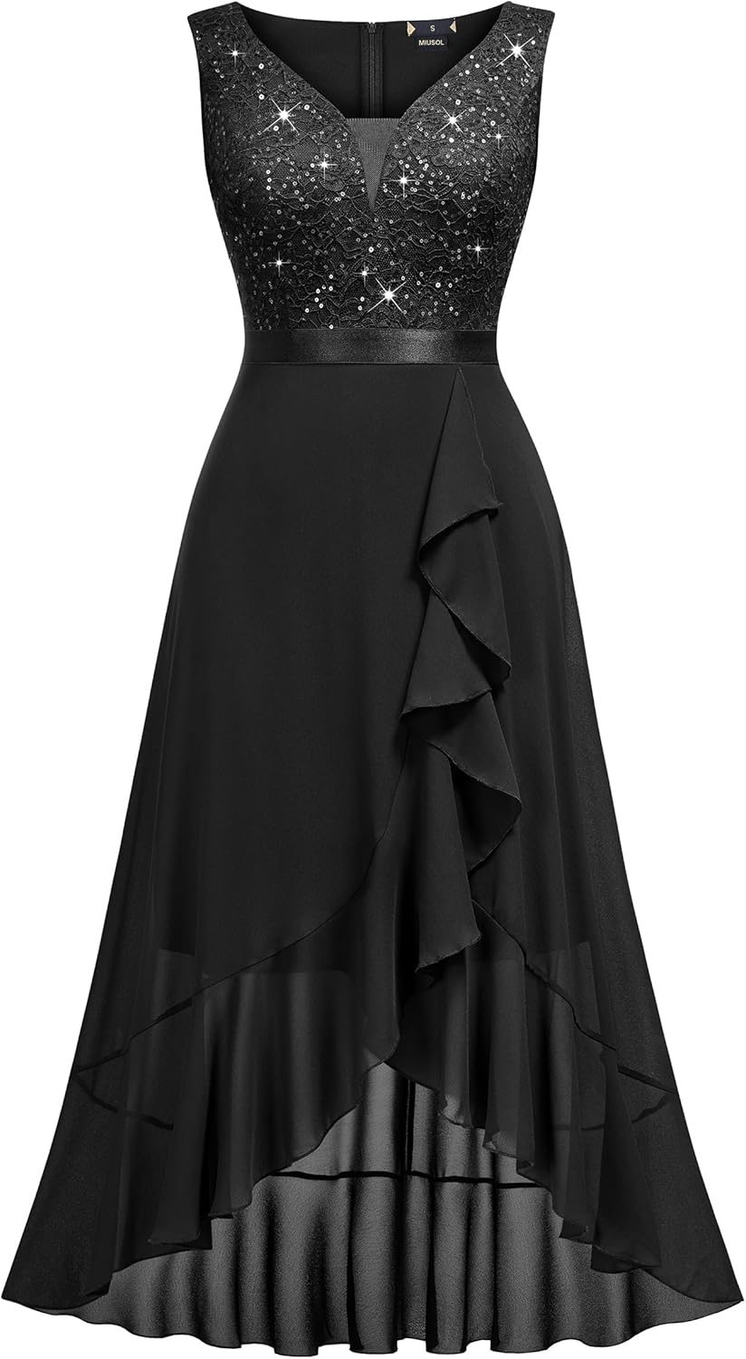 Miusol Women's Vintage V-Neck Sleeveless Sequined Floral Lace Ruffle Split Evening Party Dress - Image 4