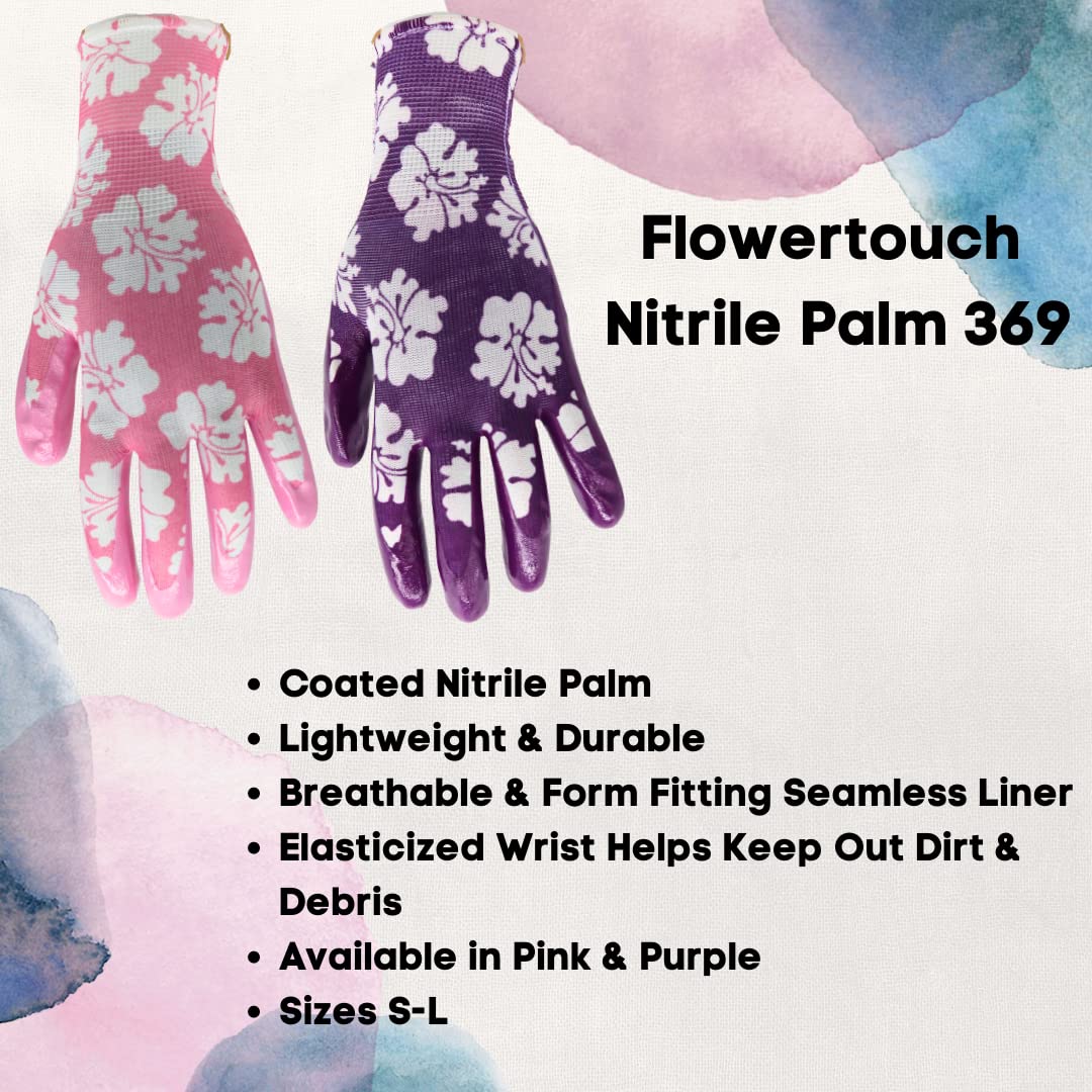 Red Steer A209 Flowertouch Lawn & Garden Gloves, Nitrile Palm, Pink or Purple Flower Design, Sizes S-L, Sold by Pair (Purple, Small)