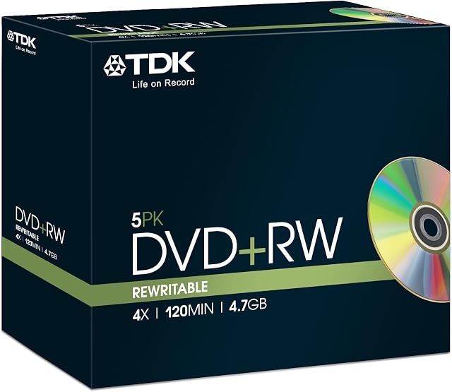 TDK T18444 4.7GB 4x Speed 120min DVD+RW Disc in Jewel Case (Pack of 5)