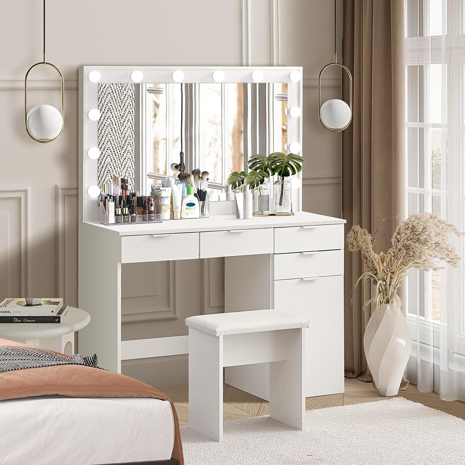 Luxe make-up-kaptafel voor slaapkamer, make-uptafel met verlichte spiegel, gevoerde kruk, wit marmeren houtfineer, make-uptafel met schuifladen