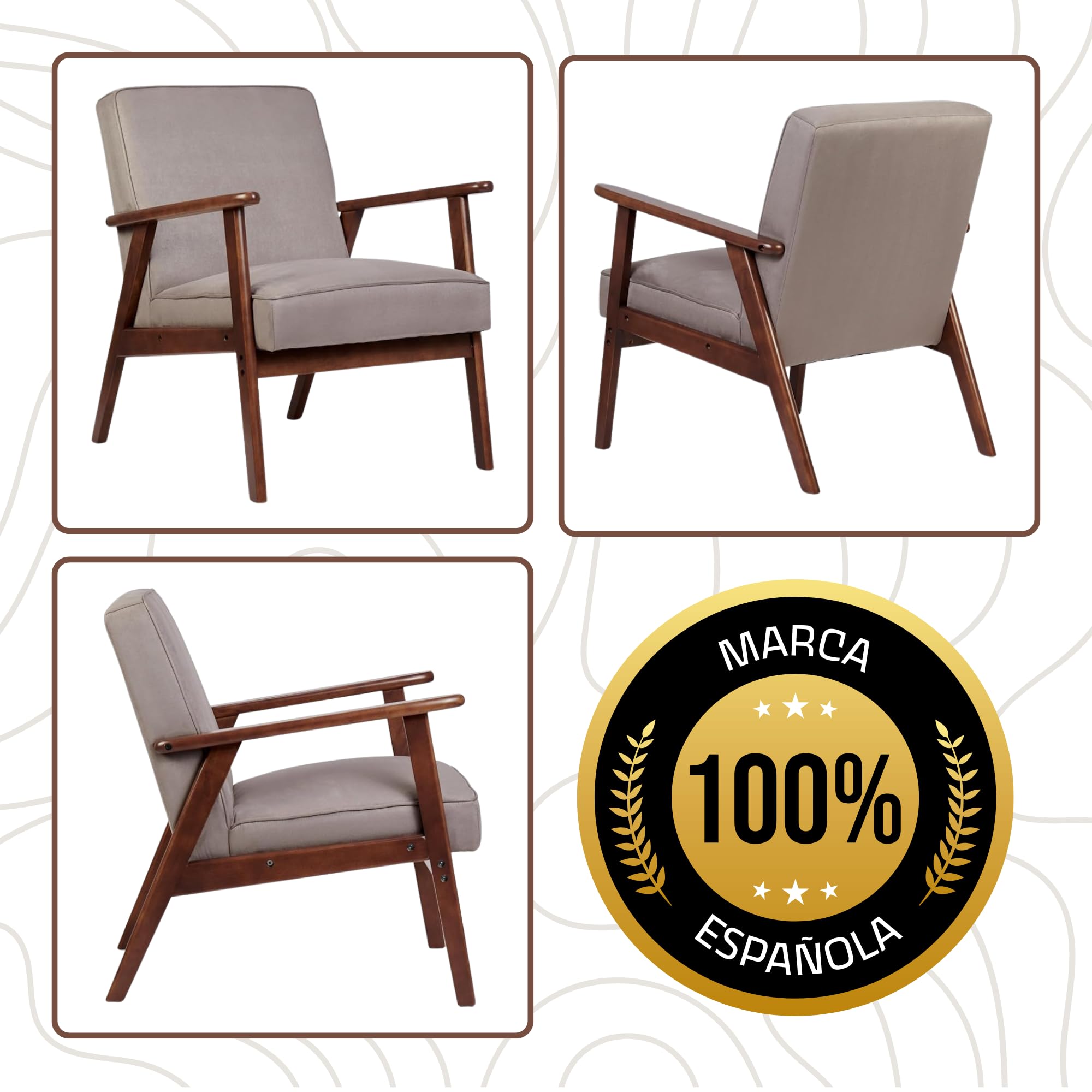 HOME DESIGN & CONFORT Butaca Roma Antimanchas de Estilo nórdico - Butacas de Salon Madera Maciza - Butaca Dormitorio (Beige/Nogal)