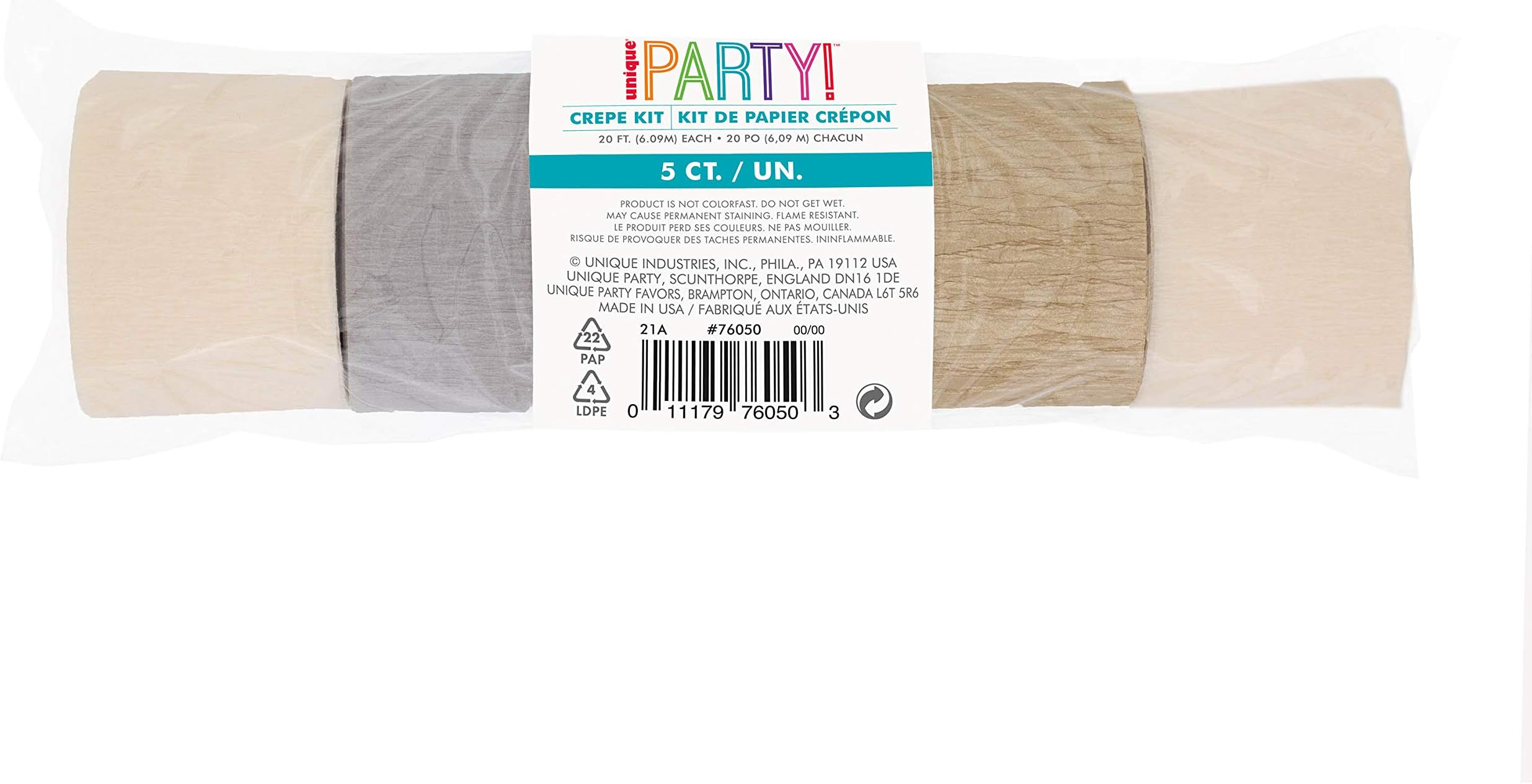 Unique 76050 Crepe Streamer Decorating Kit-20 ft | Disposable | Assorted | 5 Pcs, Multicolour