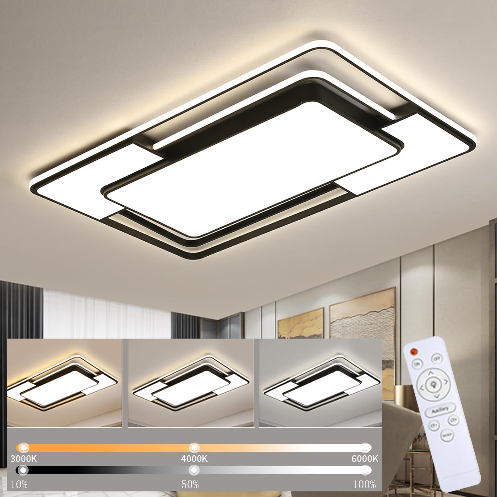 Style home 150W LED Deckenleuchte Deckenlampe dimmbar 90x60x6cm Schwarz | Voll dimmbar mit Fernbedienung 3000K-6000K,Rechteckige Lampe aus Metall, moderne Lampe für Wohnzimmer Schlafzimmer Büro Küche