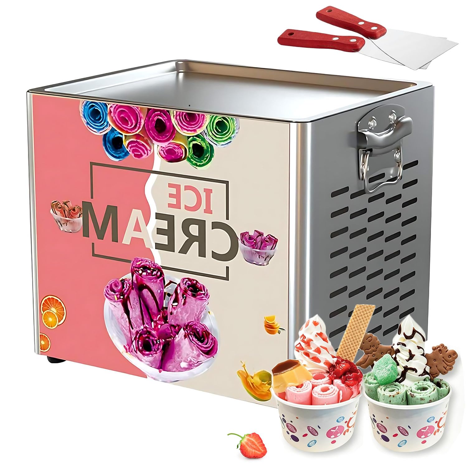 Fablestoryem Thai Style Stainless Steel Instant Rolled Ice Cream Machine, 30 x 24 cm Frozen-Pan Stir-Fried Yogurt Maker – Suitable for Thin Cutting – for Home, Dessert Shops & Small Businesses