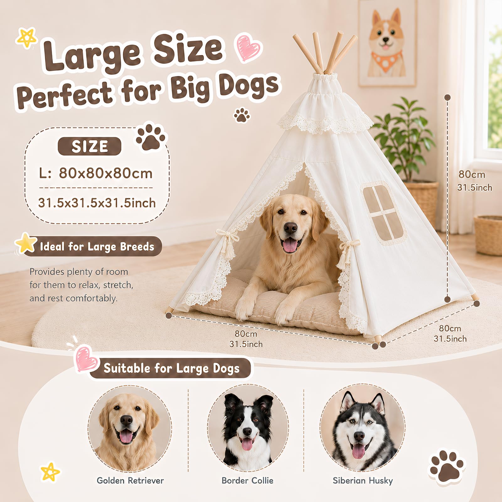 Tipi Zelt für Hunde und Katzen 60x60x70cm, 5-Eckiges Kiefernholz Haustierzelt mit Doppelseitigem Kissen, Waschbare Hundehöhle für Mittelgroße Hunde bis 15kg Indoor, Cremeweiß, 1 Stück