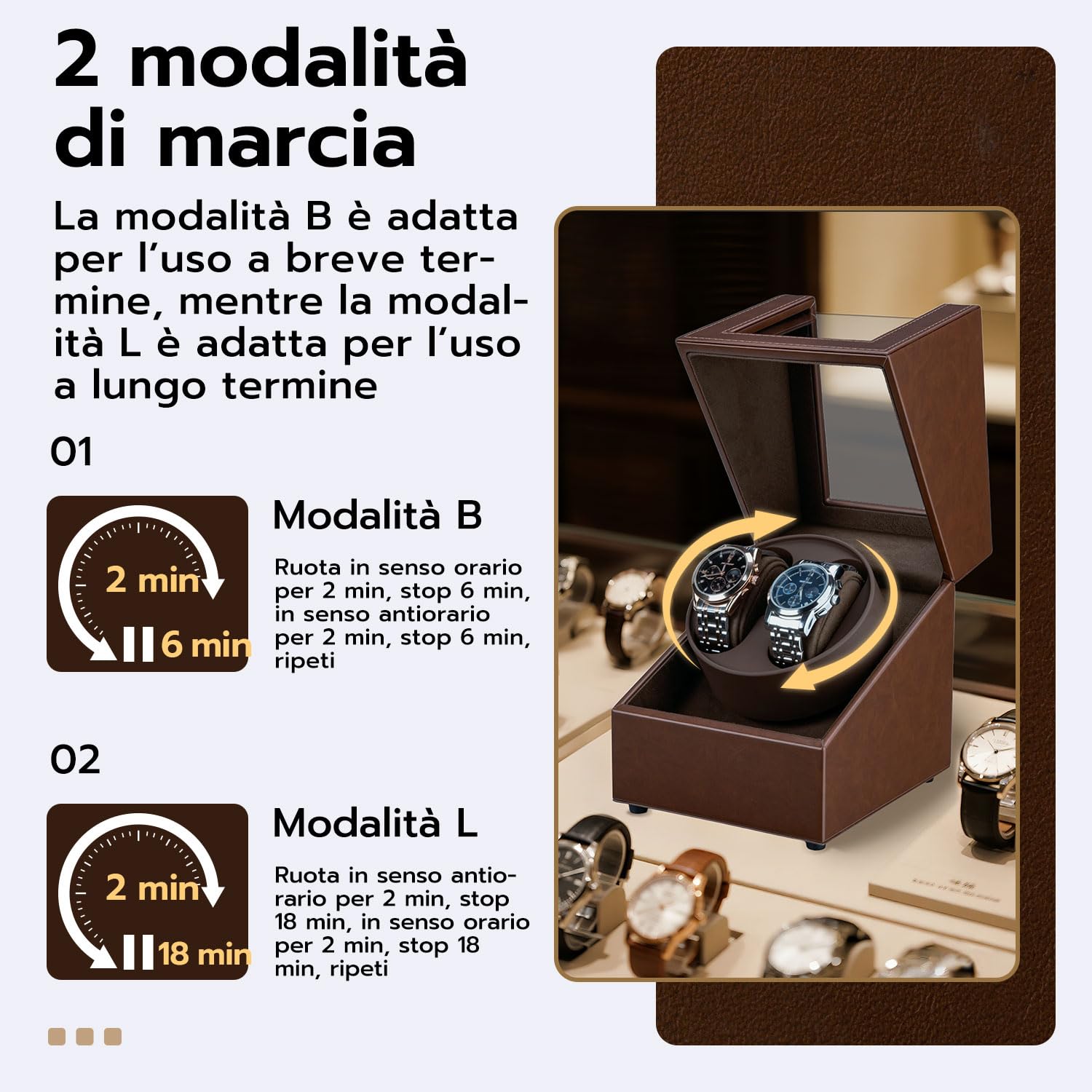 Mcbazel Carica Orologi Automatici in Pelle, Scatola per Due Orologi, Cofanetto per Orologi Automatici con Unità Rotante Silenziosa a Due Mode di Rotazione [Marrone]