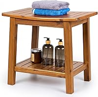 Upolana Teak Shower Bench 20" - Waterproof Solid Wood Stool with Storage Shelf, 350lb Capacity for Indoor Outdoor Use