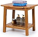 Teak Shower Bench, 20" Solid Wood Shower Stool Waterproof Shower Seat with Storage Shelf for Bathroom, Indoor & Outdoor Use