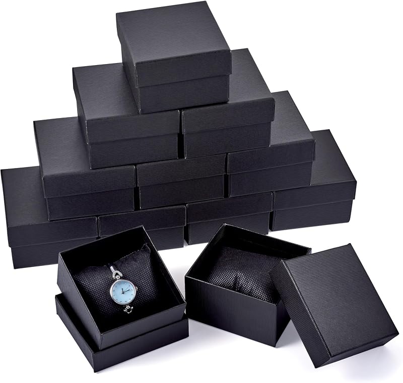 12pcs Cardboard Watch Gift Box for Men Jewelry Bracelet Wristwatch Display Organizer Storage Box Square Small Gift Boxes with Pillow for Anniversary Birthday 3.2x3.3x2.2in (Black)