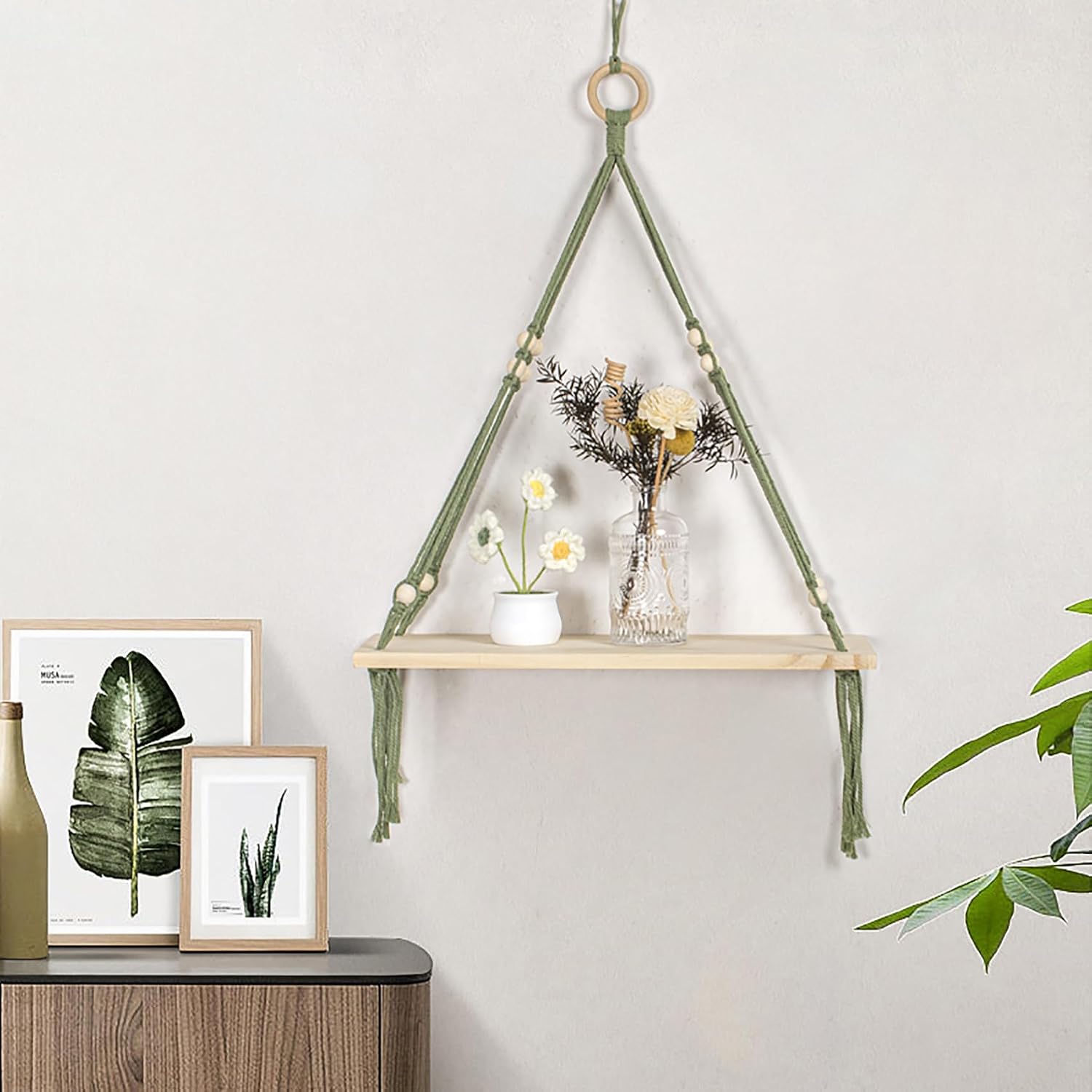 HVEST Macrame Hanging Shelf Green Boho Wall Decor Floating Shelves for Plants, Photos, Books, Farmhouse Rustic Wood Plant Shelf for Bedroom Bathroom Living Room Dorm Nursery