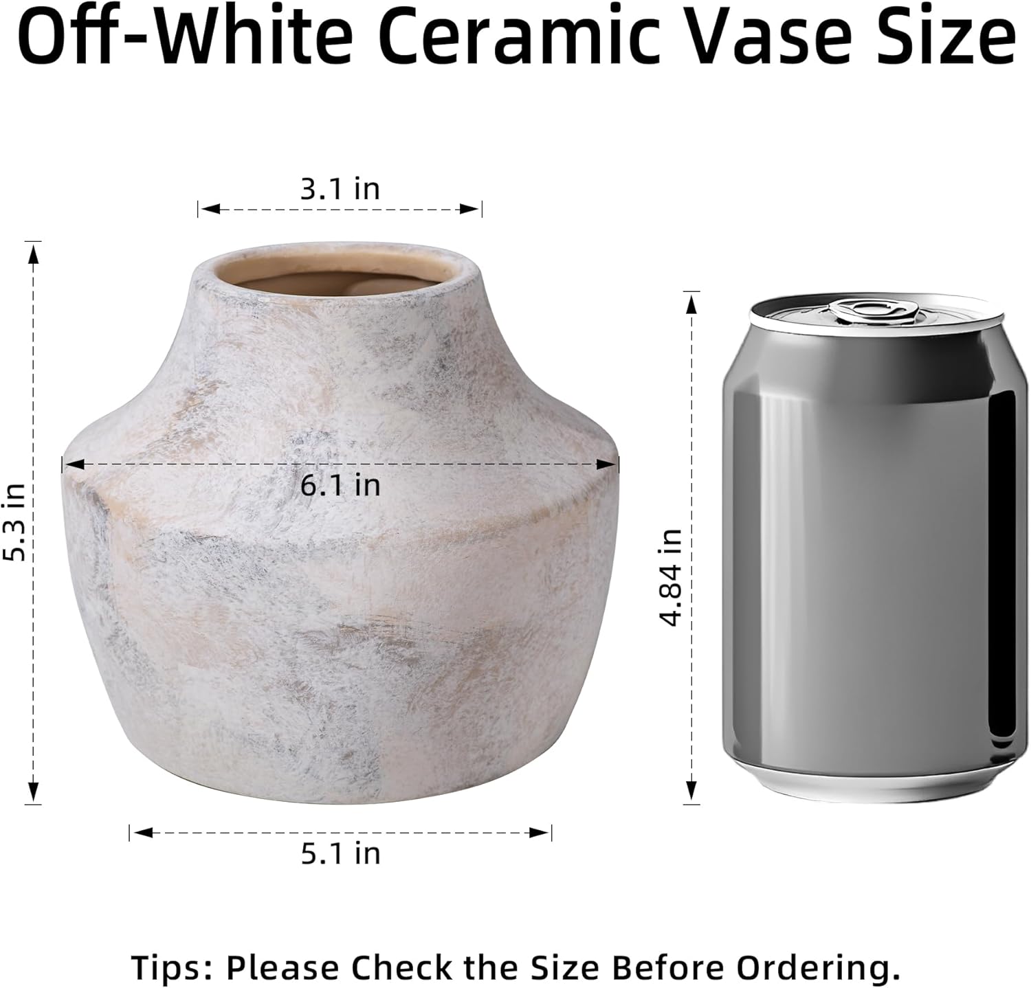 White Ceramic Flower Vase, 5.3 in White Rustic Farmhouse Vase, Small Handcrafted Weathered Pottery Vases, Decorative Terracotta Vases for Flower, Living Room, Centerpieces, Table, Home Decor