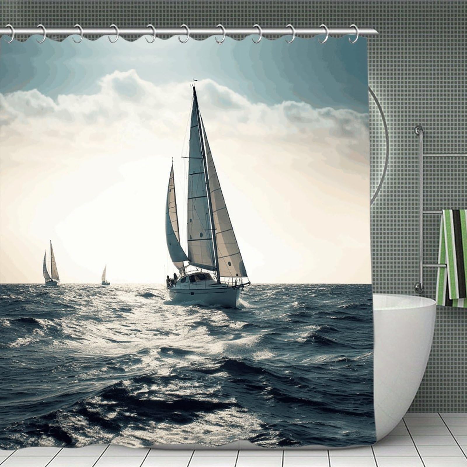 VstaDank Ocean Sailing Bath Curtain Elegant Heavy Duty Shower Curtains 70x70 in Rustic Farmhouse Cloth Shower Curtains Neutral Modern Bath Curtain for Bathroom