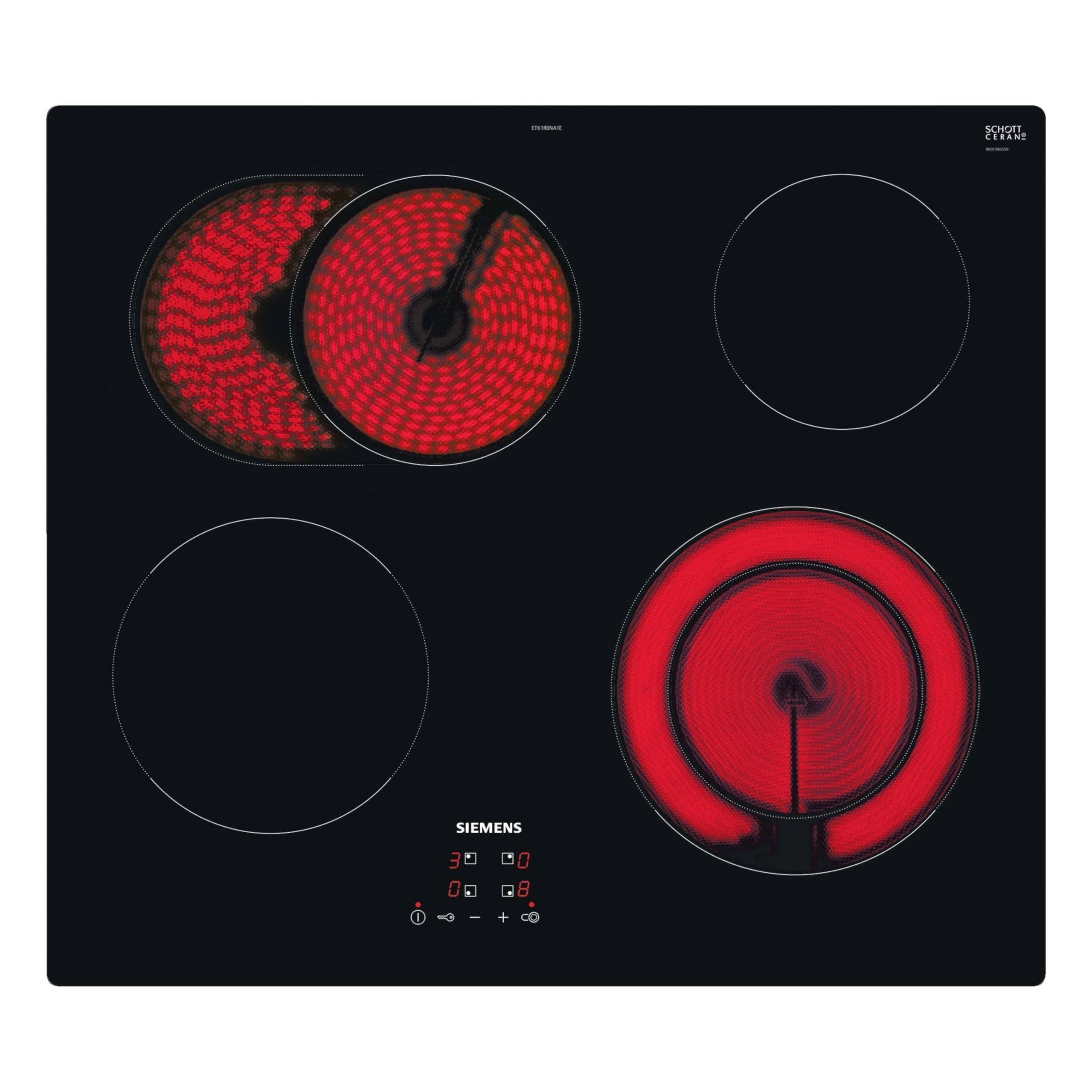 Siemens ET61RBNA1E, iQ300, Elektro-Kochfeld 60 cm, autark, Rahmenlos aufliegend, Made in Germany, touchControl, Zuschaltbare Bräterzone, Zweikreiz-Kochzone 21 cm, Sicherheitsabschaltung, Schwarz