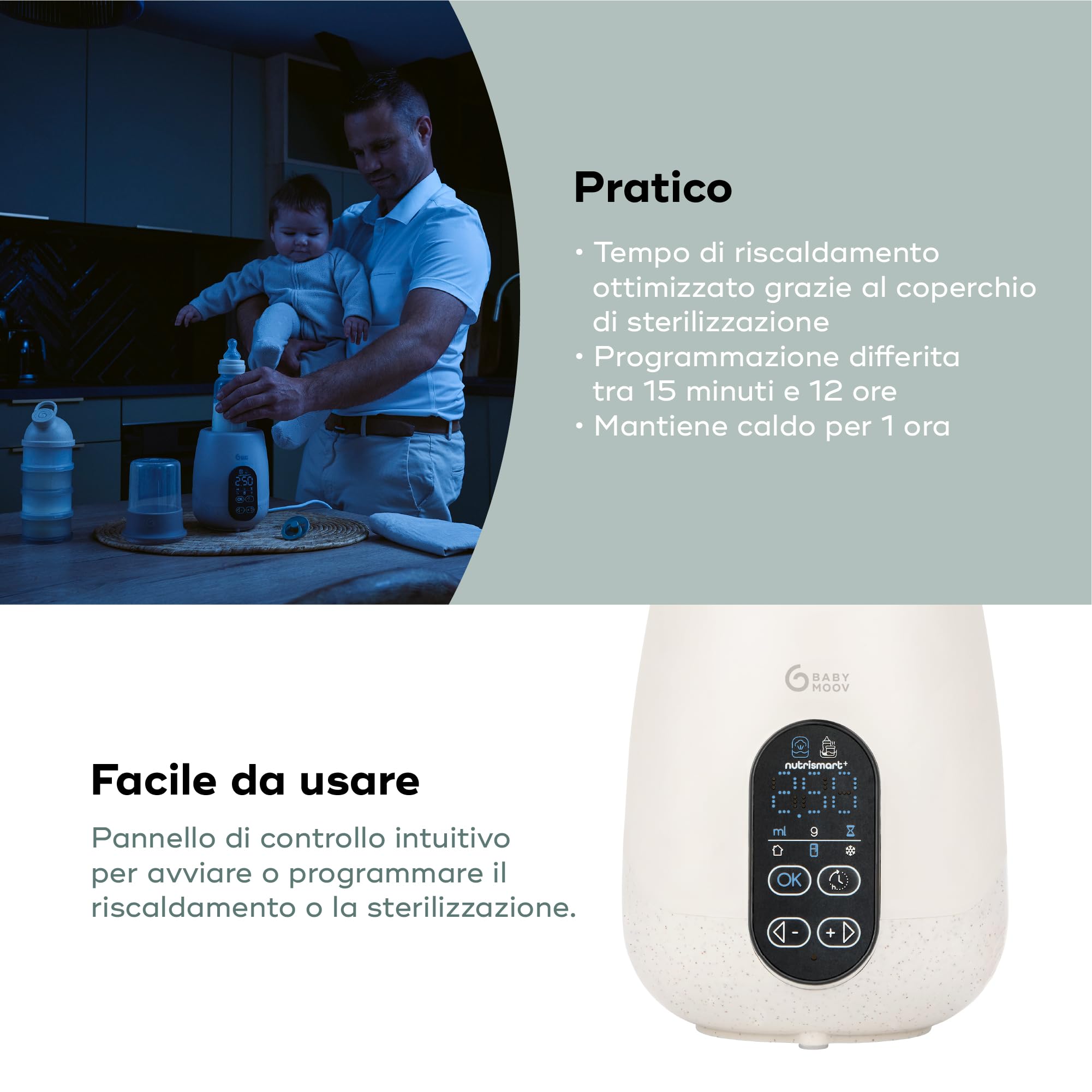 Babymoov Scaldabiberon e sterilizzatore NutriSmart(+) - Portatile - Casa e auto - Adattatore, cestello e coperchio inclusi - Riscaldamento programmabile - Funzione di mantenimento del calore per 1 ora