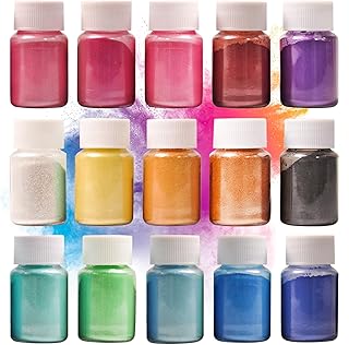 DEWEL Polvo de Mica 15 Colores x 10g, Pigmentos para Resina Epoxi, Tintes de Elaboración de Jabones, Colorante Resina Epoxi para DIY, Bombas de Baño, Velas, Maquillaje, Uñas y Otros Manualidades