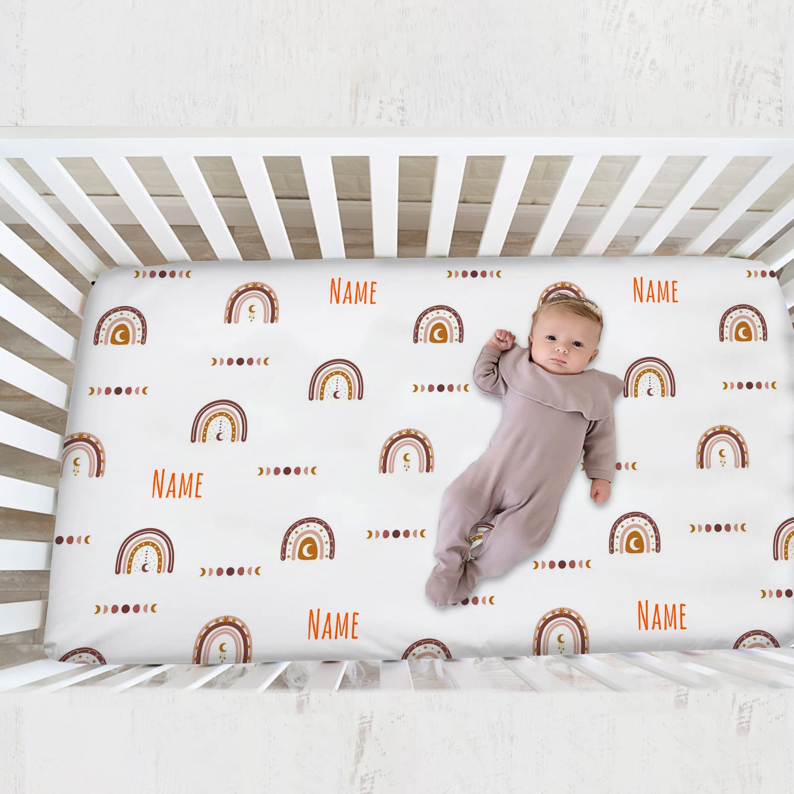 Noverbibi Boho Rainbow Crib Sheets - Personalized Baby Crib Sheet with Name, Custom Fitted Crib Sheet for Boys Girls Kids, Portable/Mini-Crib Sheet, Mini Crib Sheet | Name Crib Sheets