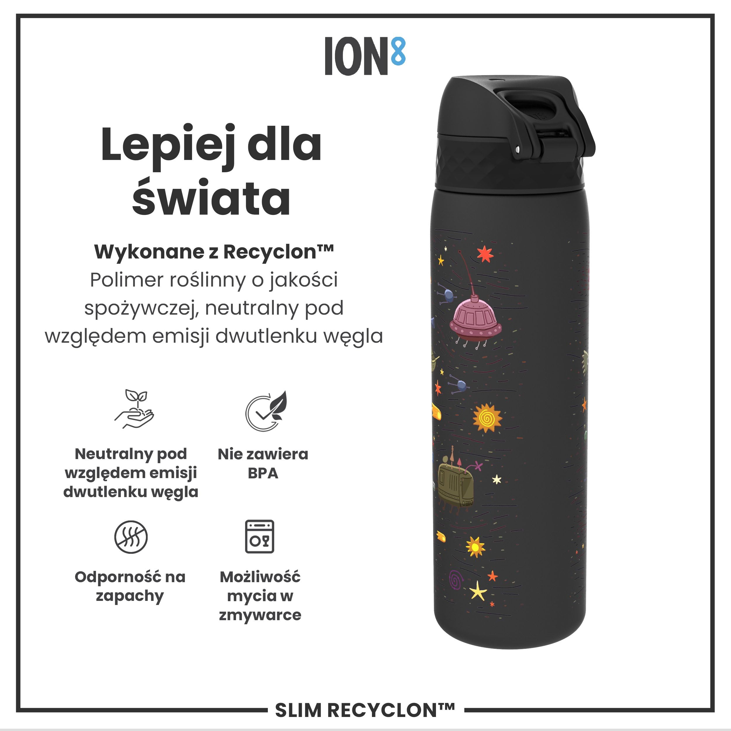 ION8 Butelka na Wodę, 500 ml/18 oz, Szczelna, Łatwe Otwieranie, Bezpieczny Zamek, Można Myć w Zmywarce, Bez BPA, Higieniczne Pokrycie, Uchwyt do Przenoszenia, Łatwa Czyszczenie, Statki Kosmiczne
