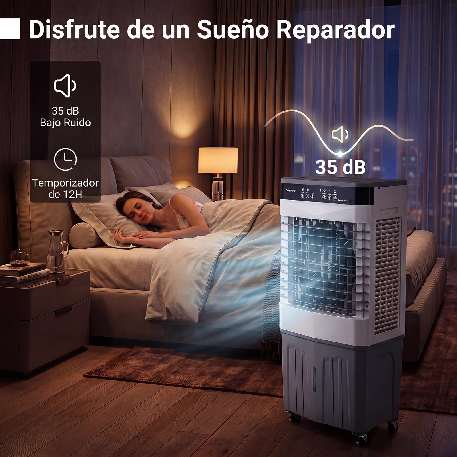 COSTWAY 3 en 1 Climatizador Evaporativo, Enfriador de Aire Portatil con 3 Velocidades, 2 Modos, 12H Temporizador, Ventilador con Ruedas, Oscilación de 70º/90° y Cubetas de Hielo (49 x 31 x 109 cm)