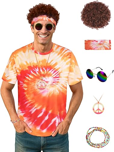 Vista 9 de Disfraz hippie para hombre, trajes de los años 60 y 70 para hombre, conjunto de camisa de teñido anudado con flecos, chaleco de carnaval, peluca