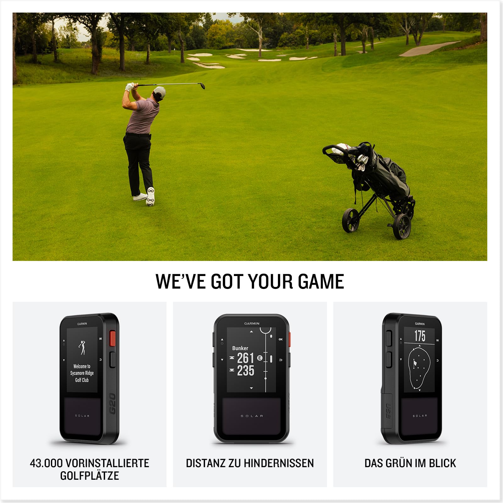 Garmin Approach G20 Solar - Golf-Handgerät mit 2,2"-Display, Solarladung für eine Lange Akkulaufzeit, Entfernungsangaben zu Hindernissen und zum Grün und über 43.000 Golfplätze weltweit