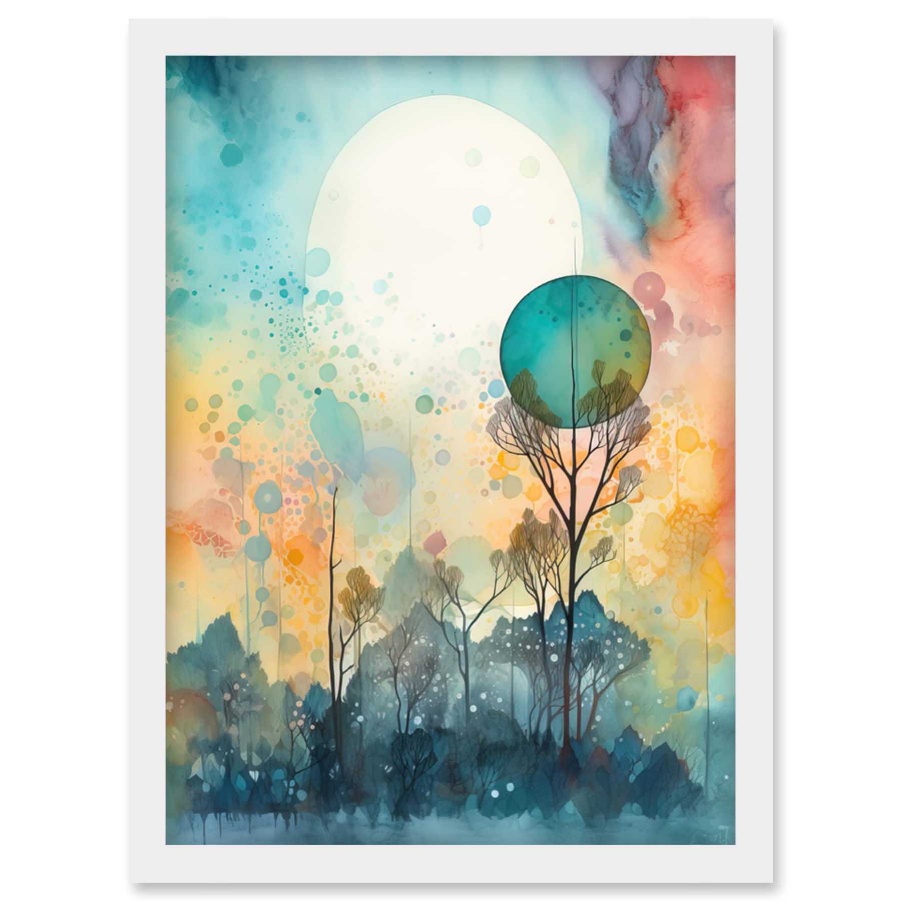 Artery8 Winter Forest Landscape Dreamland Partial Sun Eclipse and Snowfall over Trees Modern Watercolour Artwork Framed Wall Art Print A4
